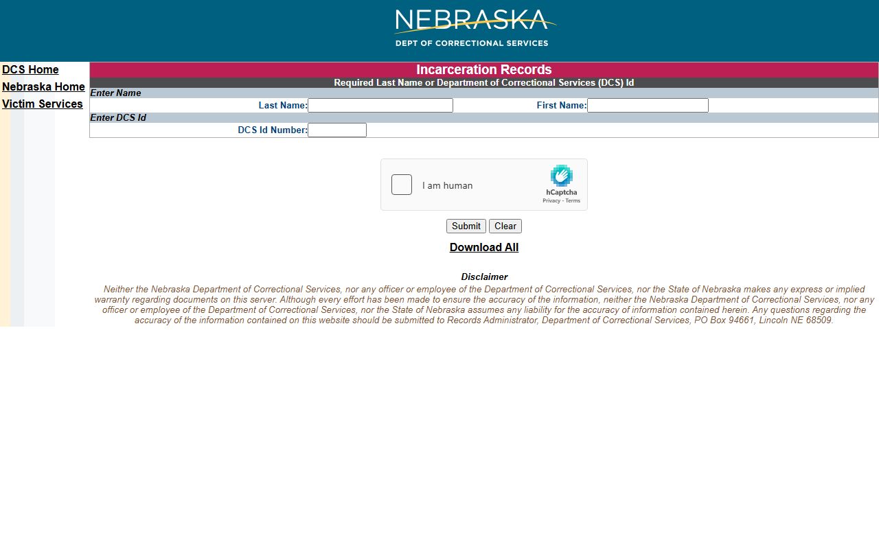 Nebraska Department of Correctional Services inmate locator search form