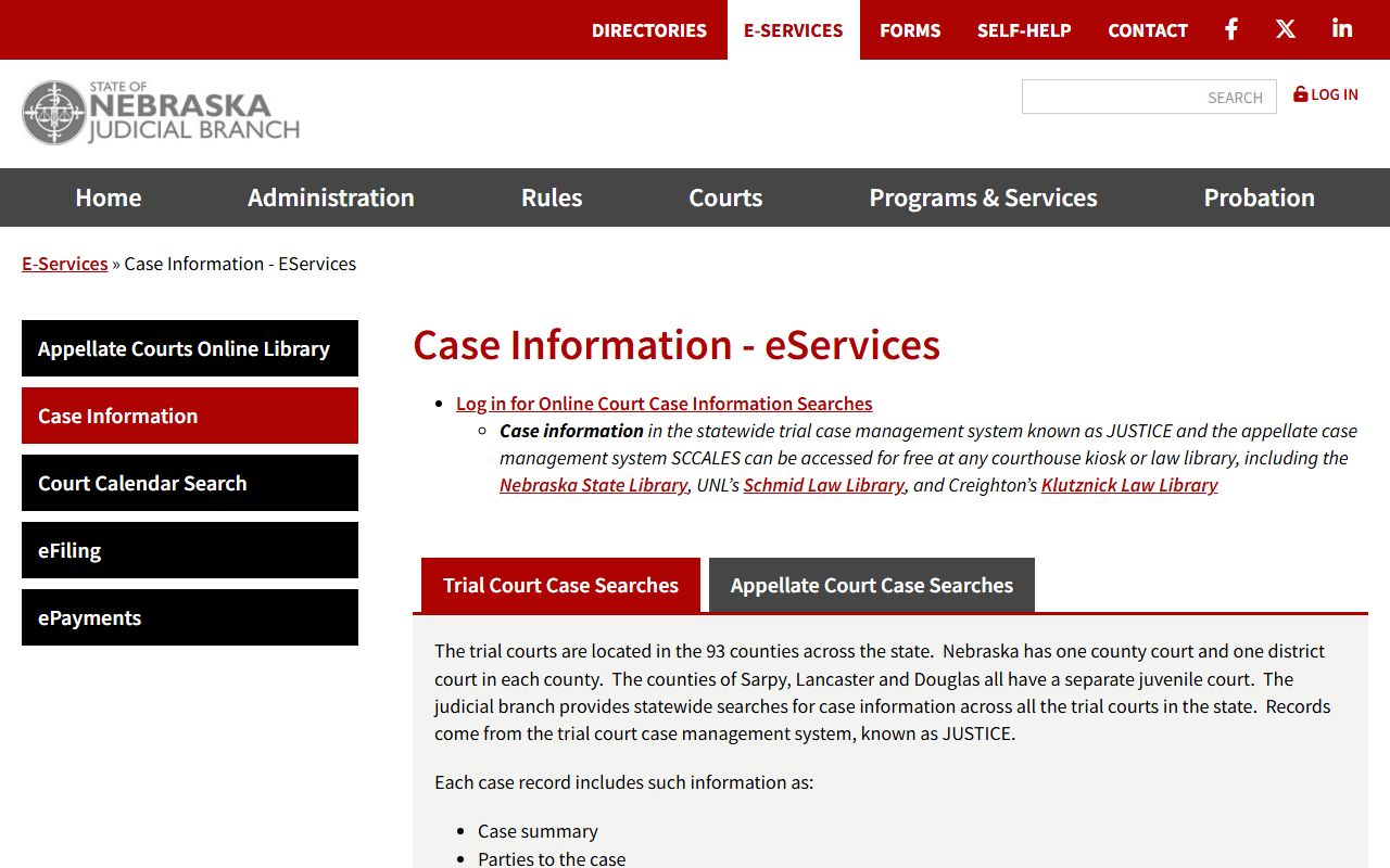 Nebraska court case information page for Kimball County court records after arrest