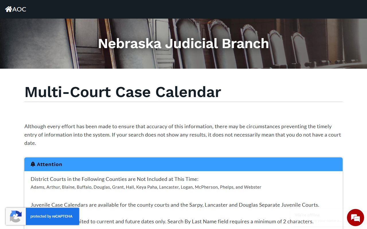 Nebraska Multi-Court Calendar for Kimball County court records after arrest