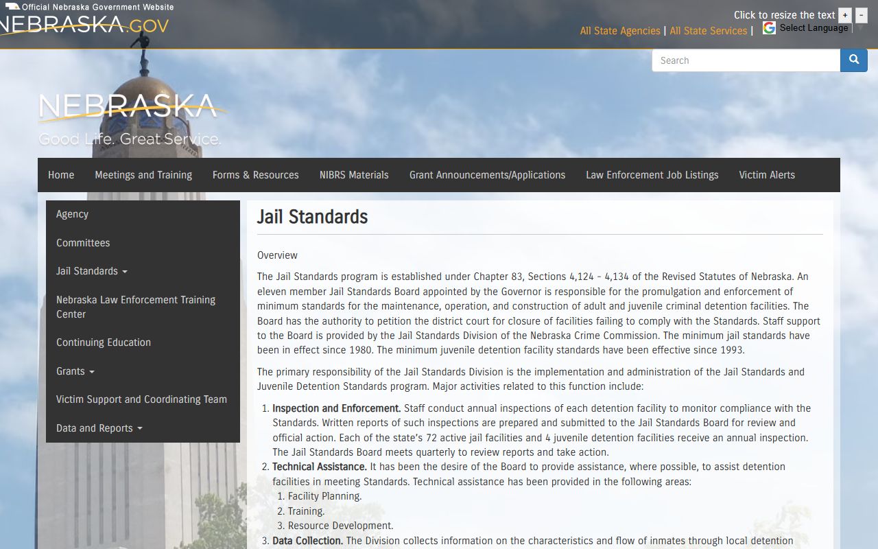 Nebraska Crime Commission Jail Standards page