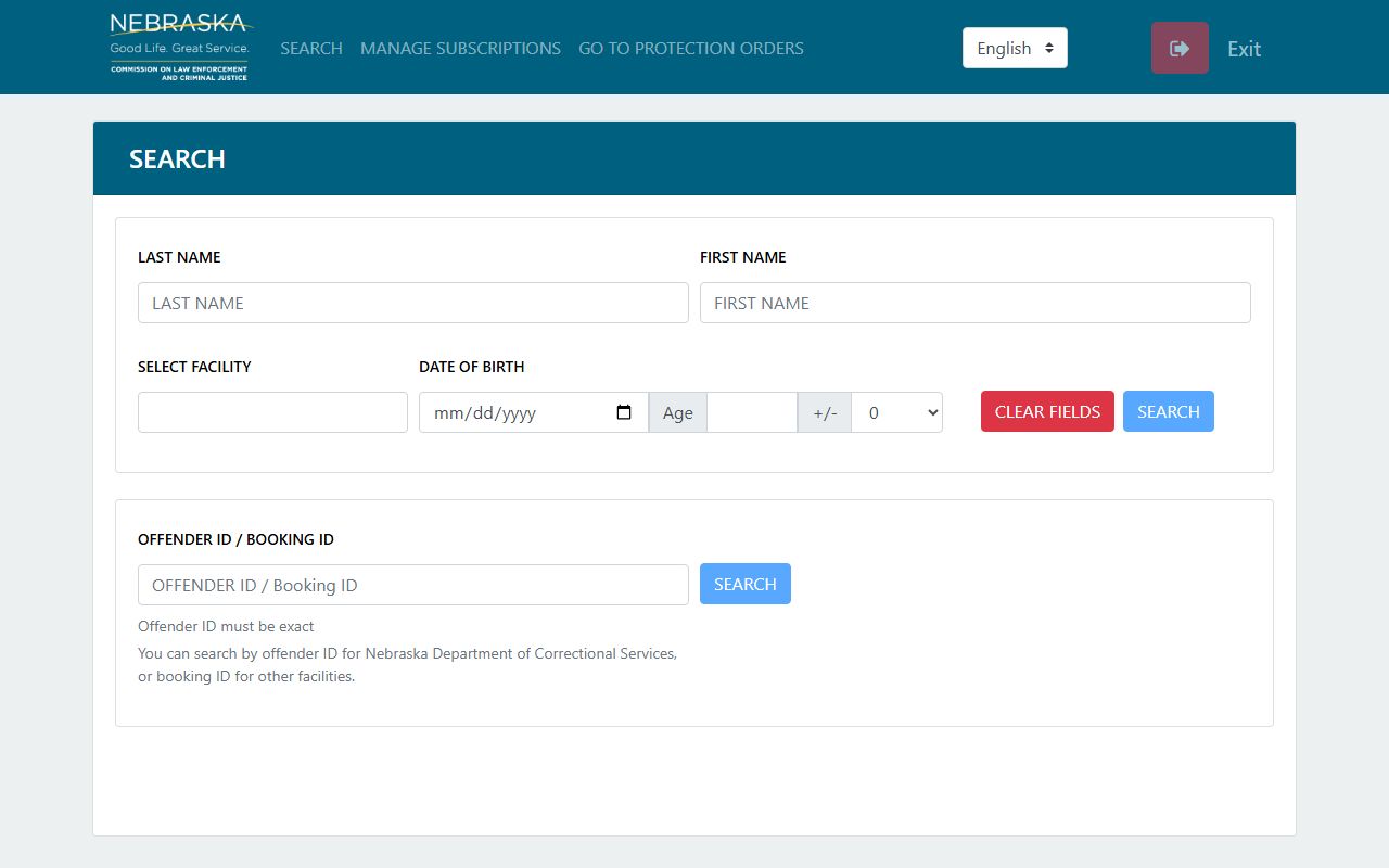 Nebraska Victims of Crime Alert Portal offender search form